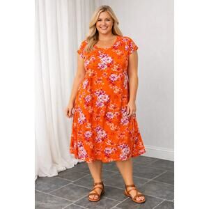 NWOT Easy Essentials 100% Cotton Dress XL 23" PTP Orange Floral Midi 865816